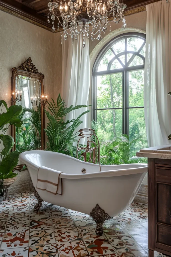 Italian bathroom with tiled accent wall and floating shelves