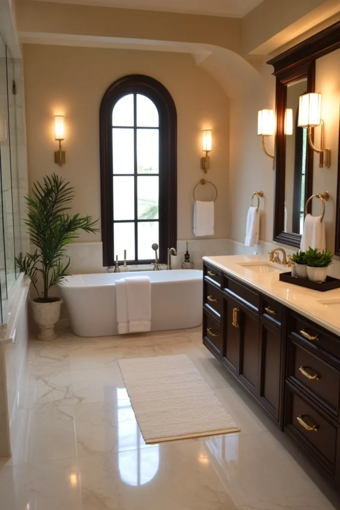 Italian bathroom with pedestal sink and stained glass window