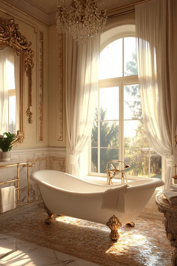 Italian bathroom with mosaic tile floor and arched doorway