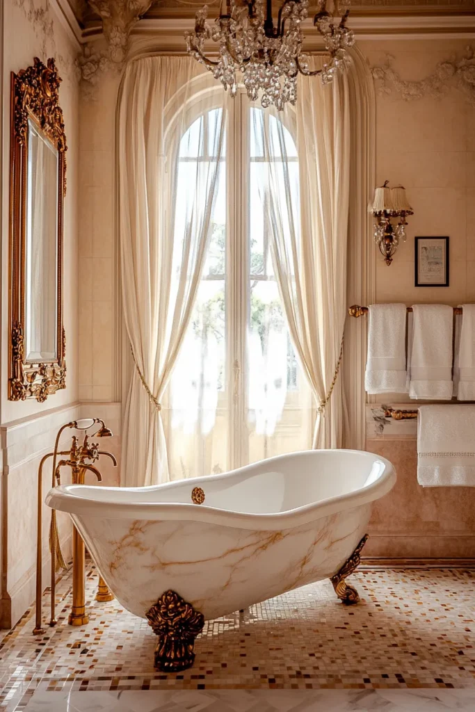 Italian bathroom with pedestal sink and stained glass window