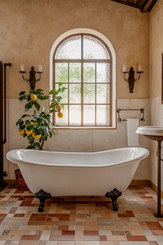 Italian bathroom with soaking tub and picture window