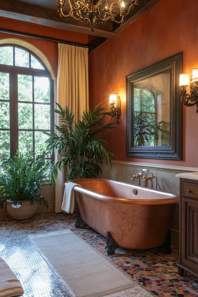 Italian bathroom with pedestal sink and framed artwork