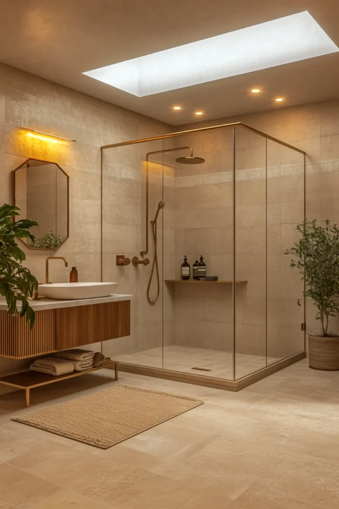 Italian bathroom with tiled accent wall and floating shelves