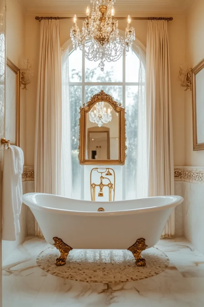 Italian bathroom with tiled accent wall and floating shelves