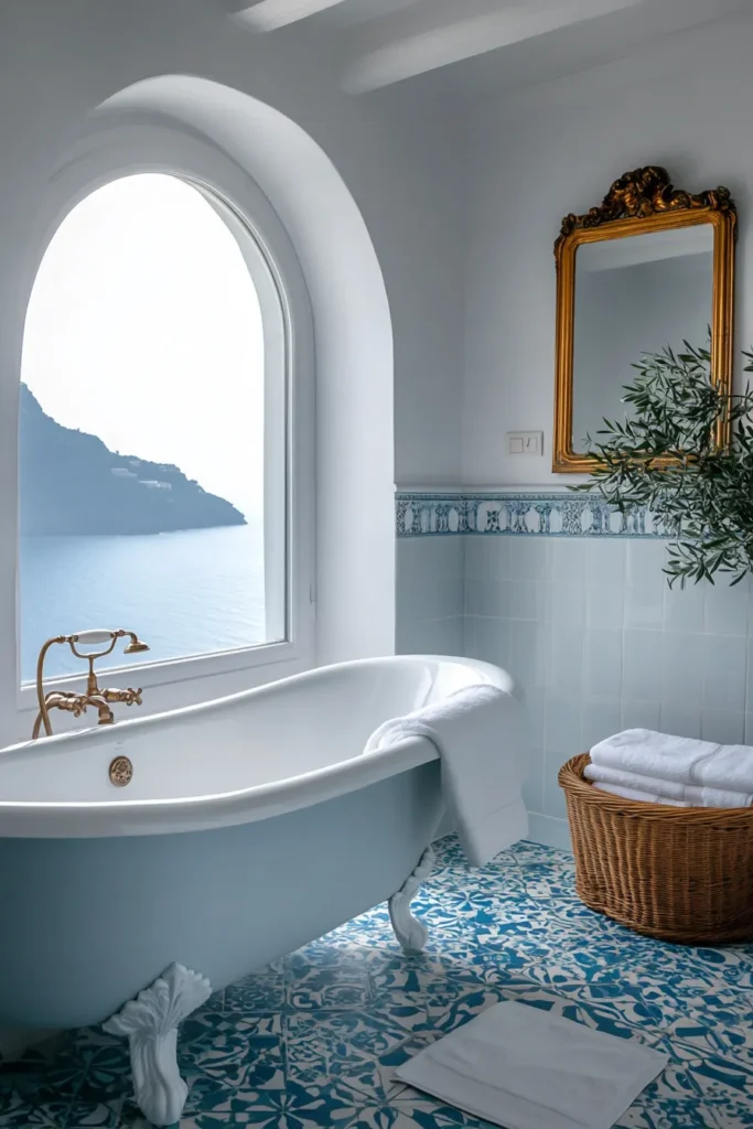 Italian bathroom with sunken bathtub and arched window