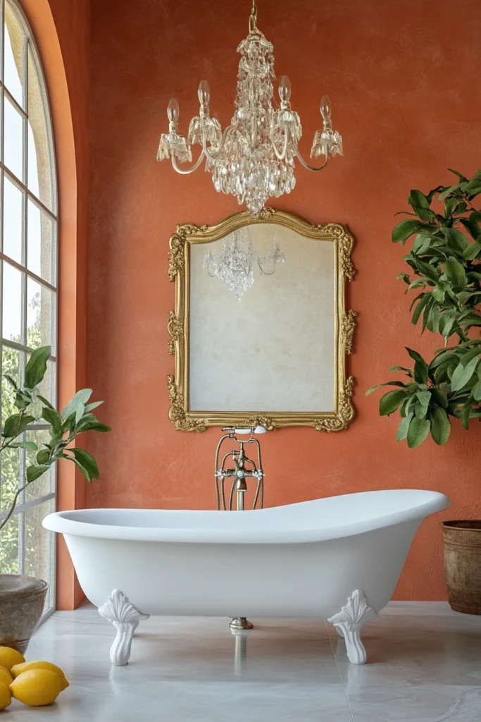 Italian bathroom with double vanity and pendant lighting