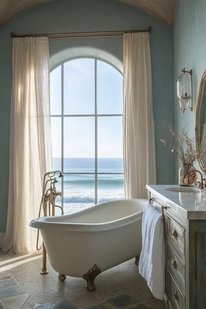 Italian bathroom with pedestal sink and framed artwork