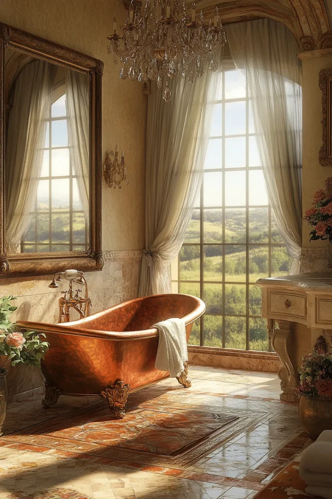 Italian bathroom with mosaic tile floor and arched doorway