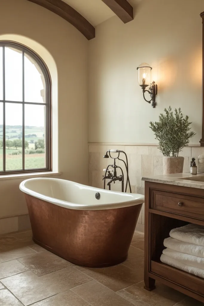 Italian bathroom with clawfoot tub and exposed ceiling beams
