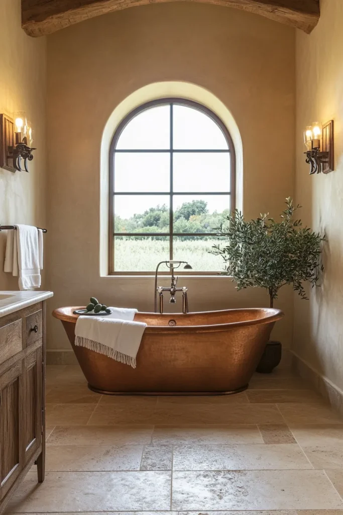Italian bathroom with copper bathtub and rustic wooden floors