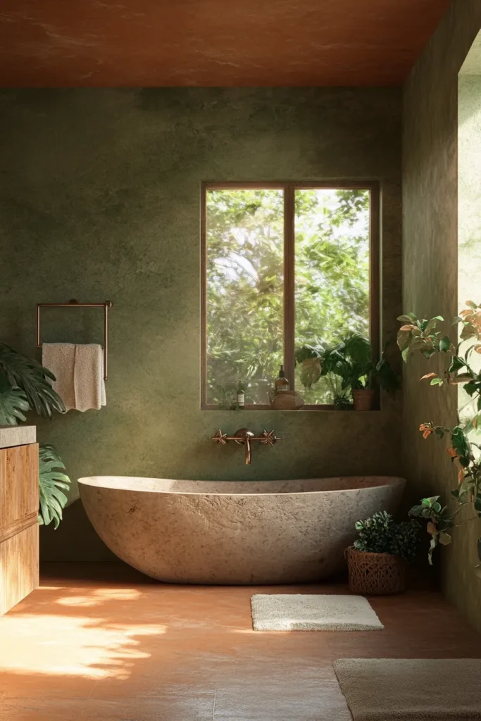 Italian bathroom with freestanding tub and arched window