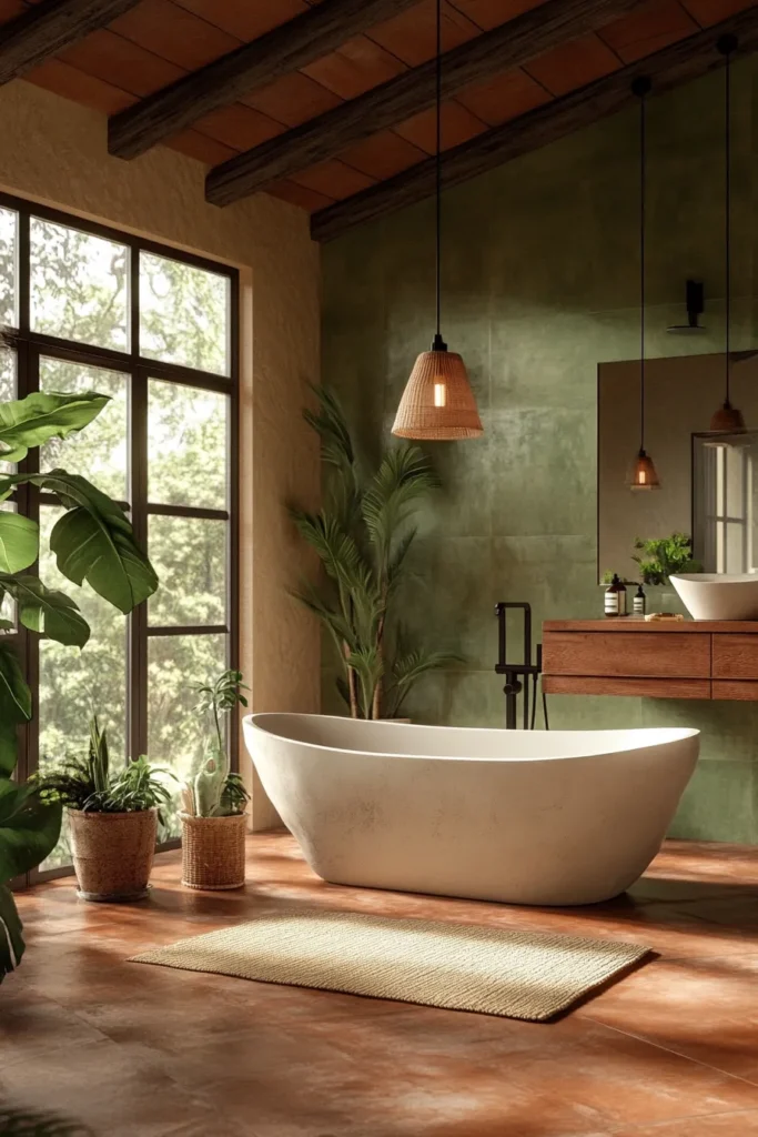 Italian bathroom with tiled accent wall and floating shelves