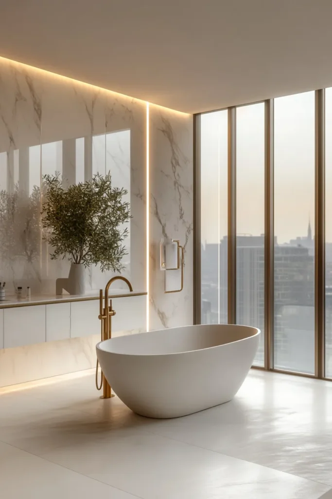 Italian bathroom with tiled accent wall and floating shelves