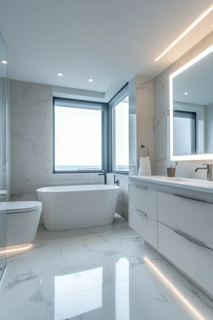 Italian bathroom with pedestal sink and stained glass window