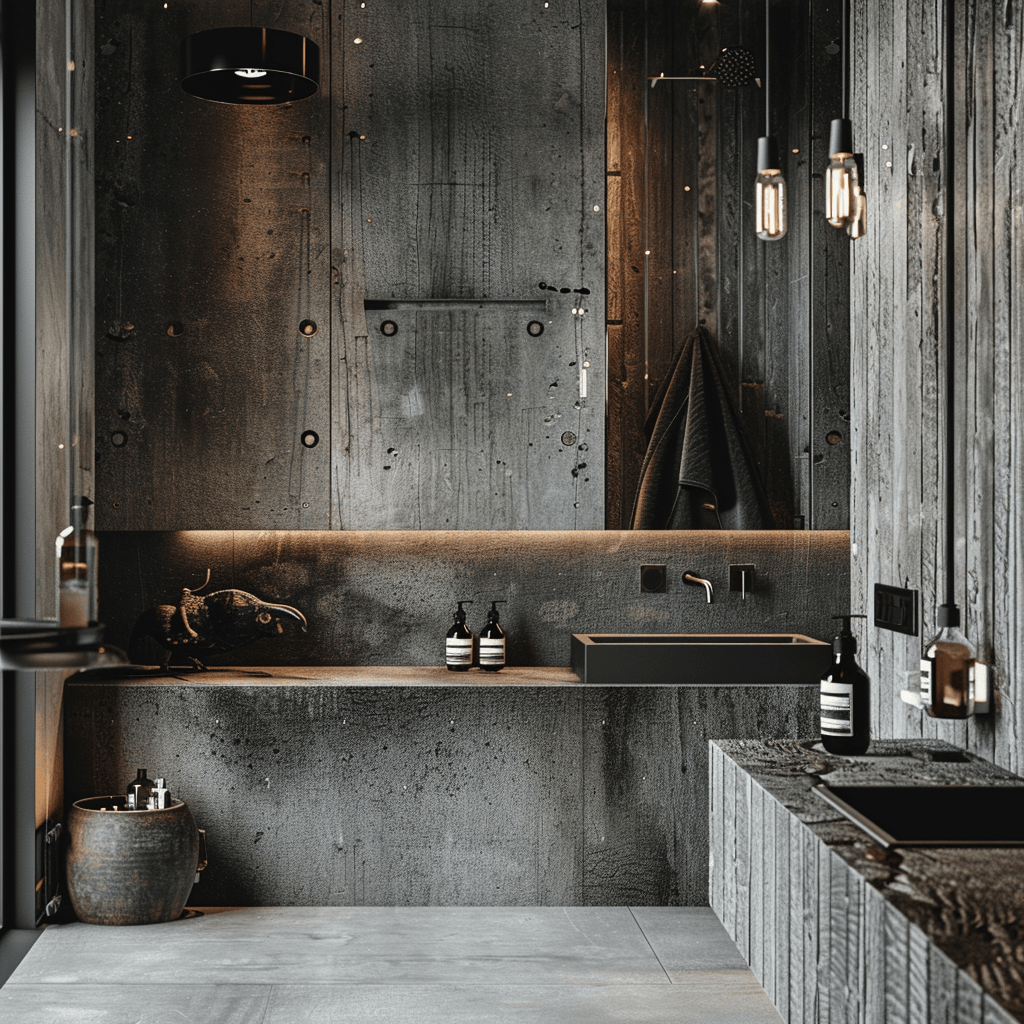 Modern industrial bathroom blending raw concrete, metal, and wood elements