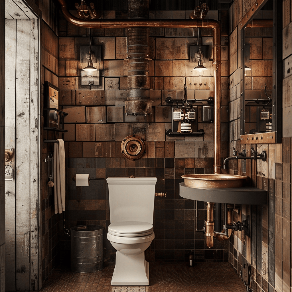 Industrial bathroom featuring vintage high-tank toilet and wall-mounted sink with visible plumbing