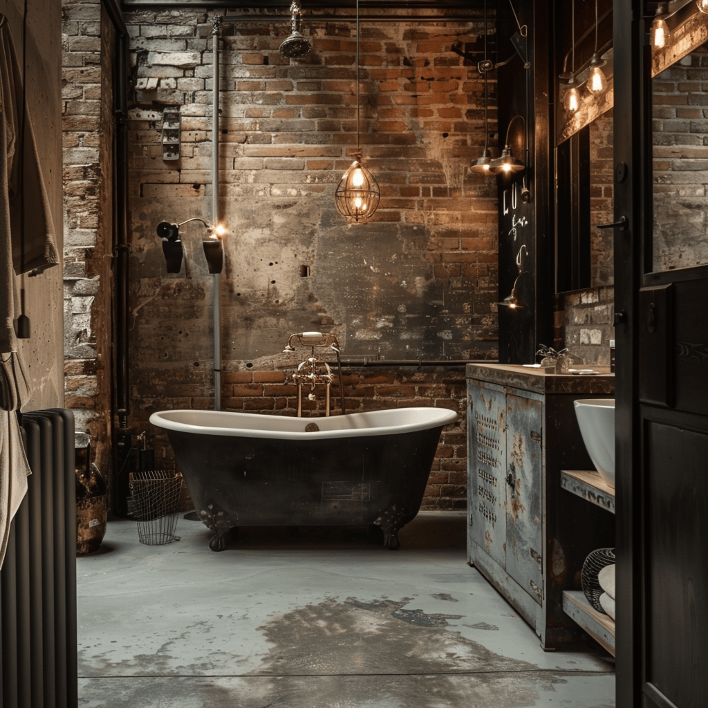 Industrial bathroom showcasing exposed brick, concrete flooring, and metal fixtures illuminated by Edison bulb pendants
