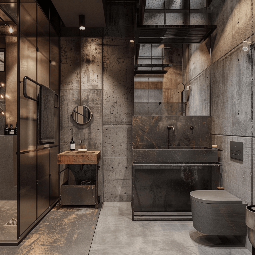 Industrial bathroom combining raw concrete, metal, and wood for a sleek look