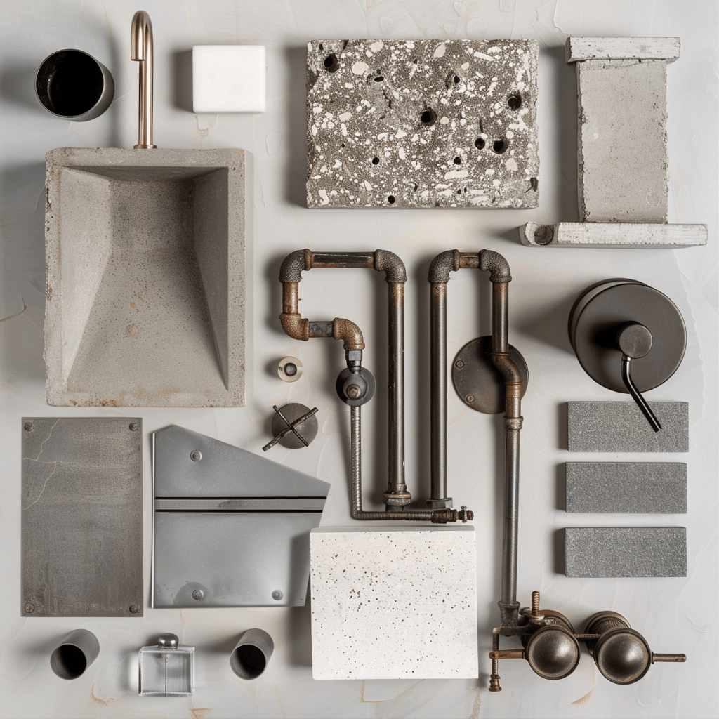 Flat lay of industrial bathroom elements including exposed pipes, metal fixtures, and concrete samples