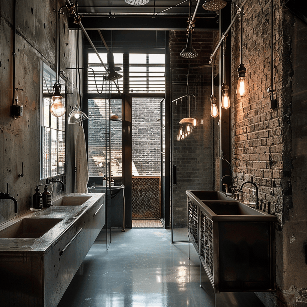 Industrial bathroom with exposed brick, concrete floors, and metal fixtures illuminated by Edison bulbs