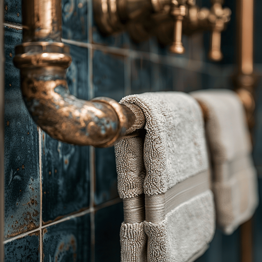 Close-up of a copper pipe towel bar with patina finish in an industrial bathroom