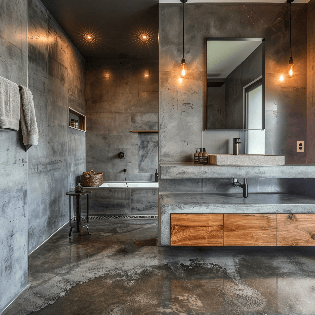 Industrial bathroom with polished concrete vanity and matching floor