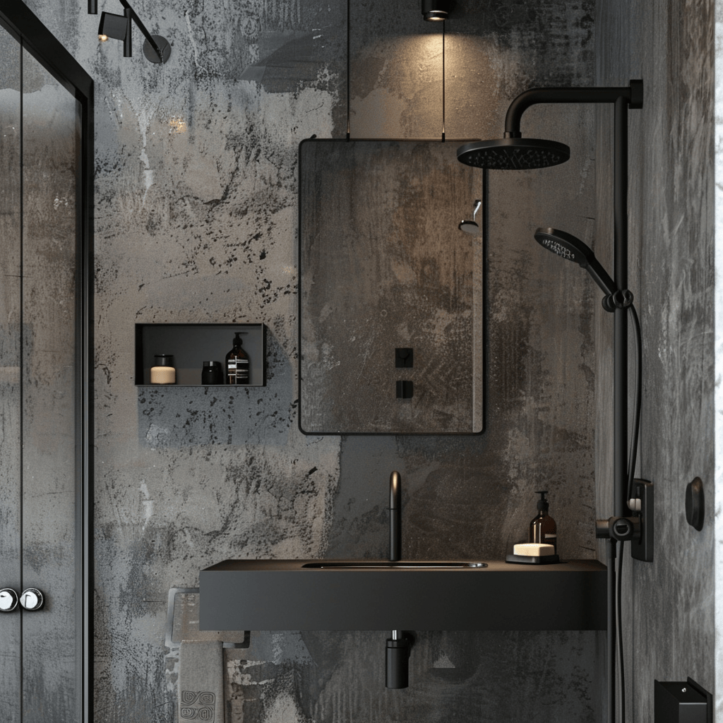 Industrial bathroom featuring black wall-mounted faucet and exposed shower pipes
