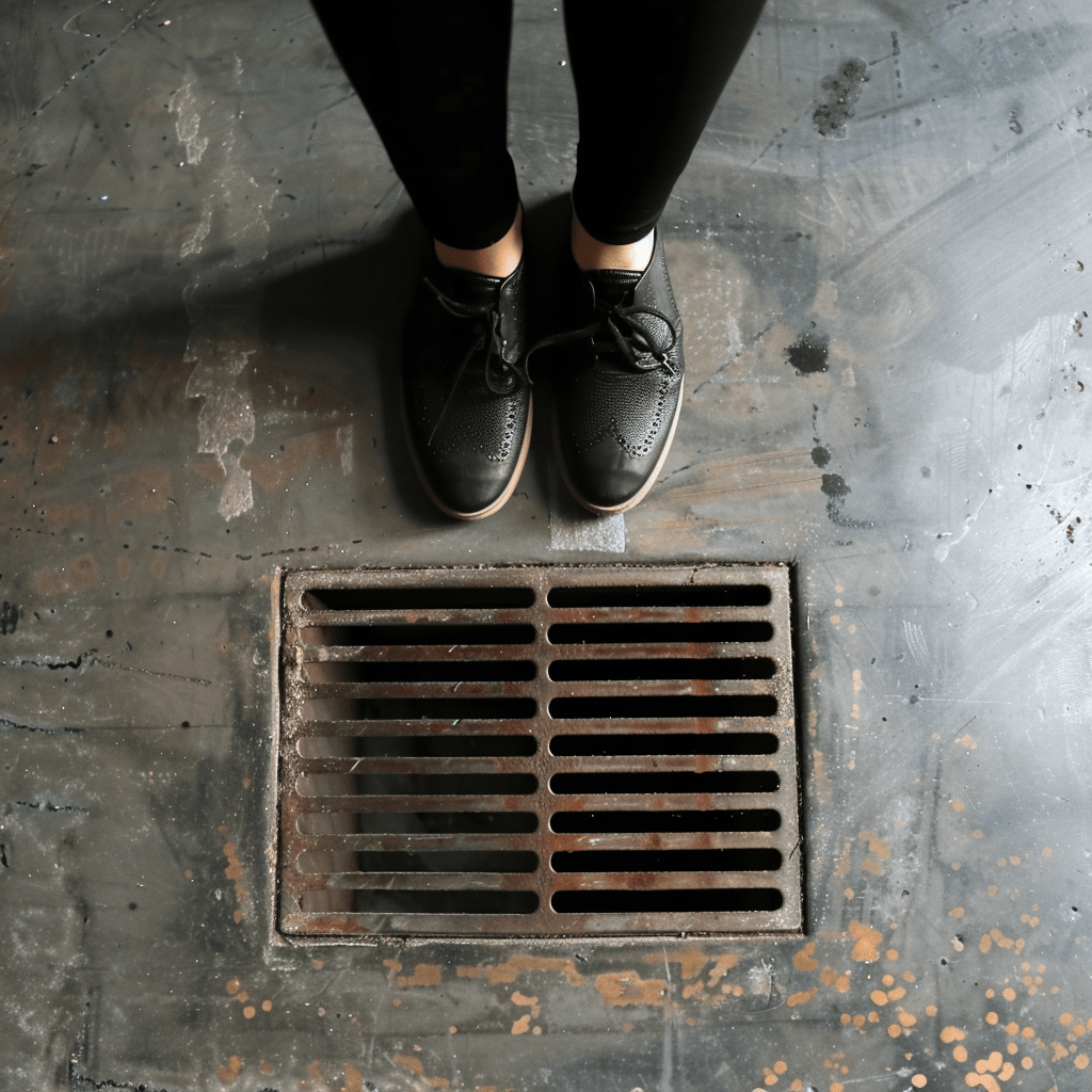 Feet standing on polished concrete floor with metal drain in industrial bathroom