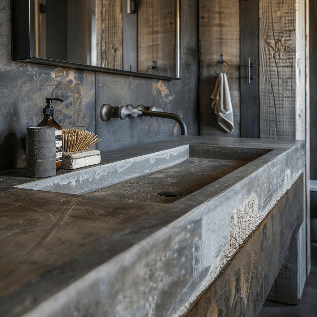 Industrial bathroom with custom cast concrete sink and countertop featuring textured finish