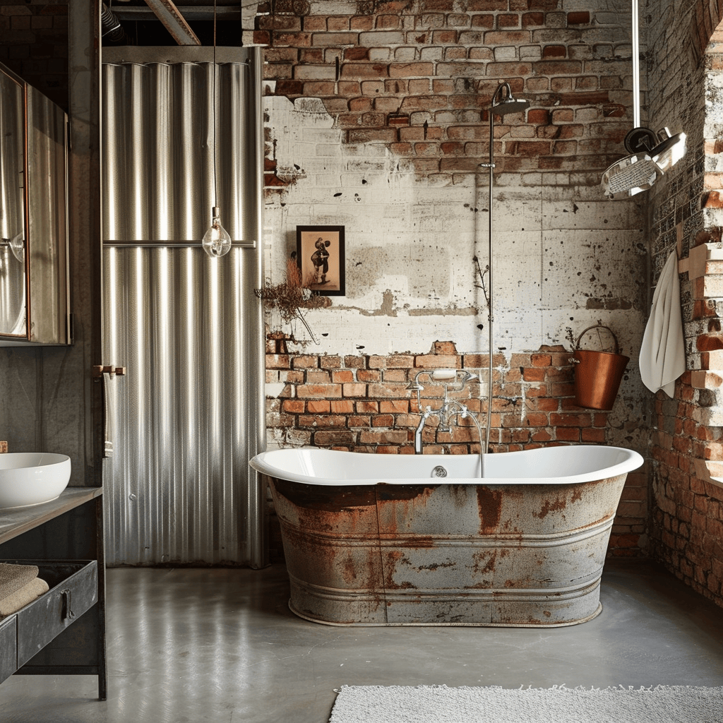 Industrial bathroom with exposed brick and corrugated metal walls creating rich texture