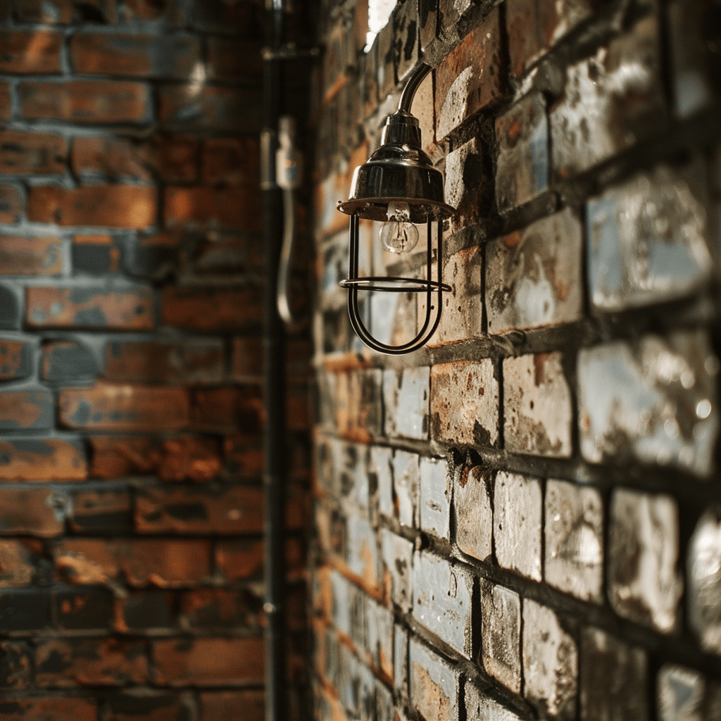 Close-up of exposed brick wall with metal sconce casting shadows in industrial bathroom