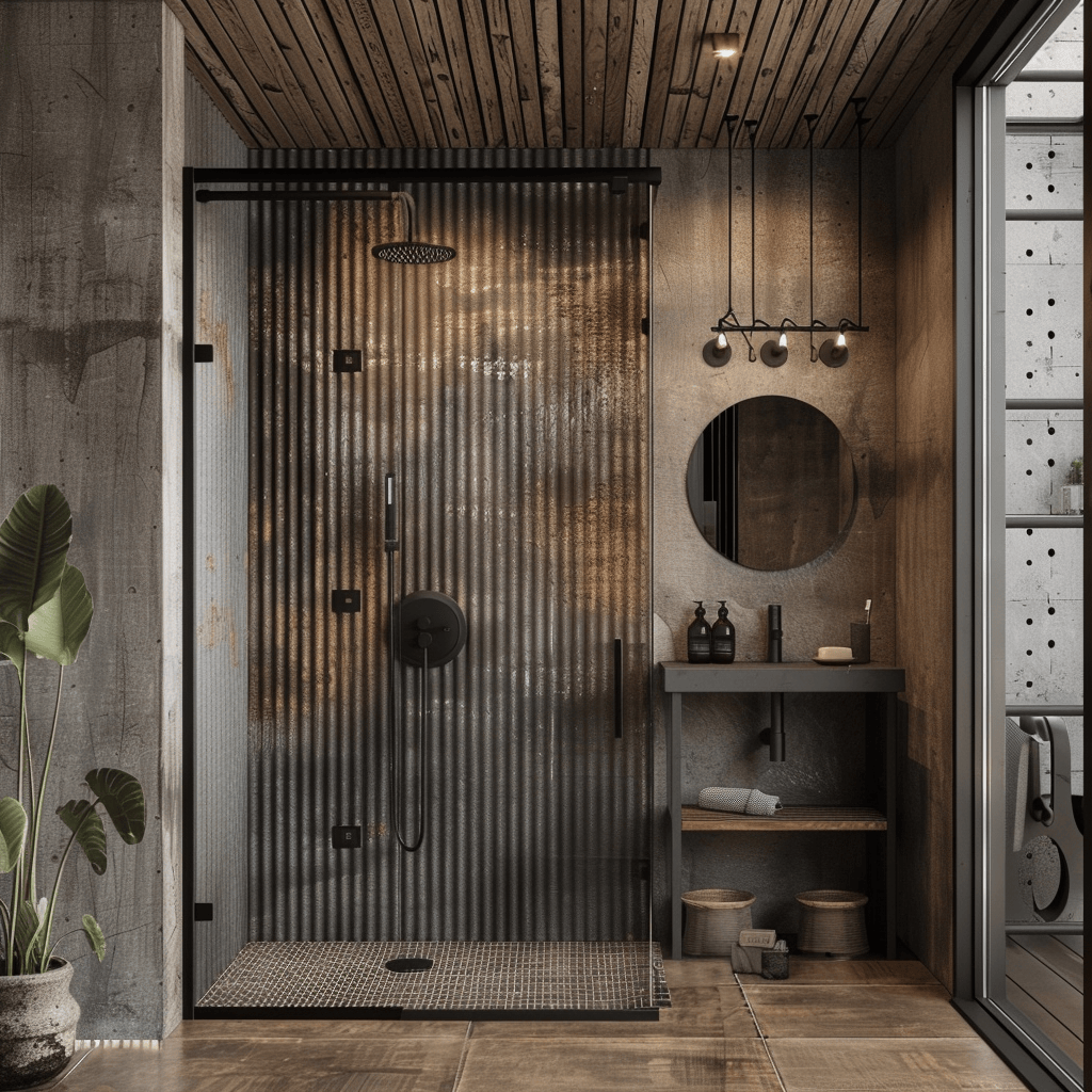Industrial bathroom with corrugated metal shower surround and matte black fixtures