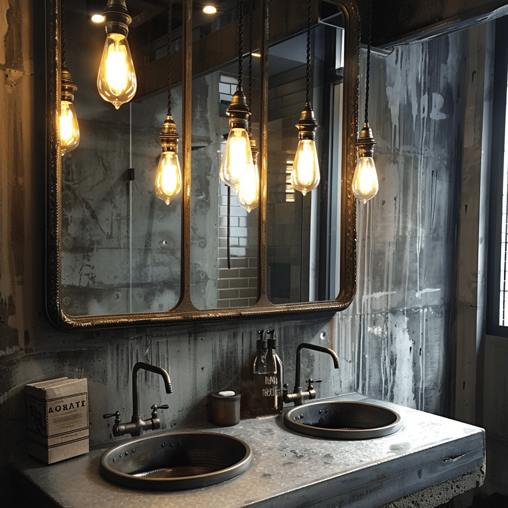 Edison bulb pendant lights hanging above bathroom vanity