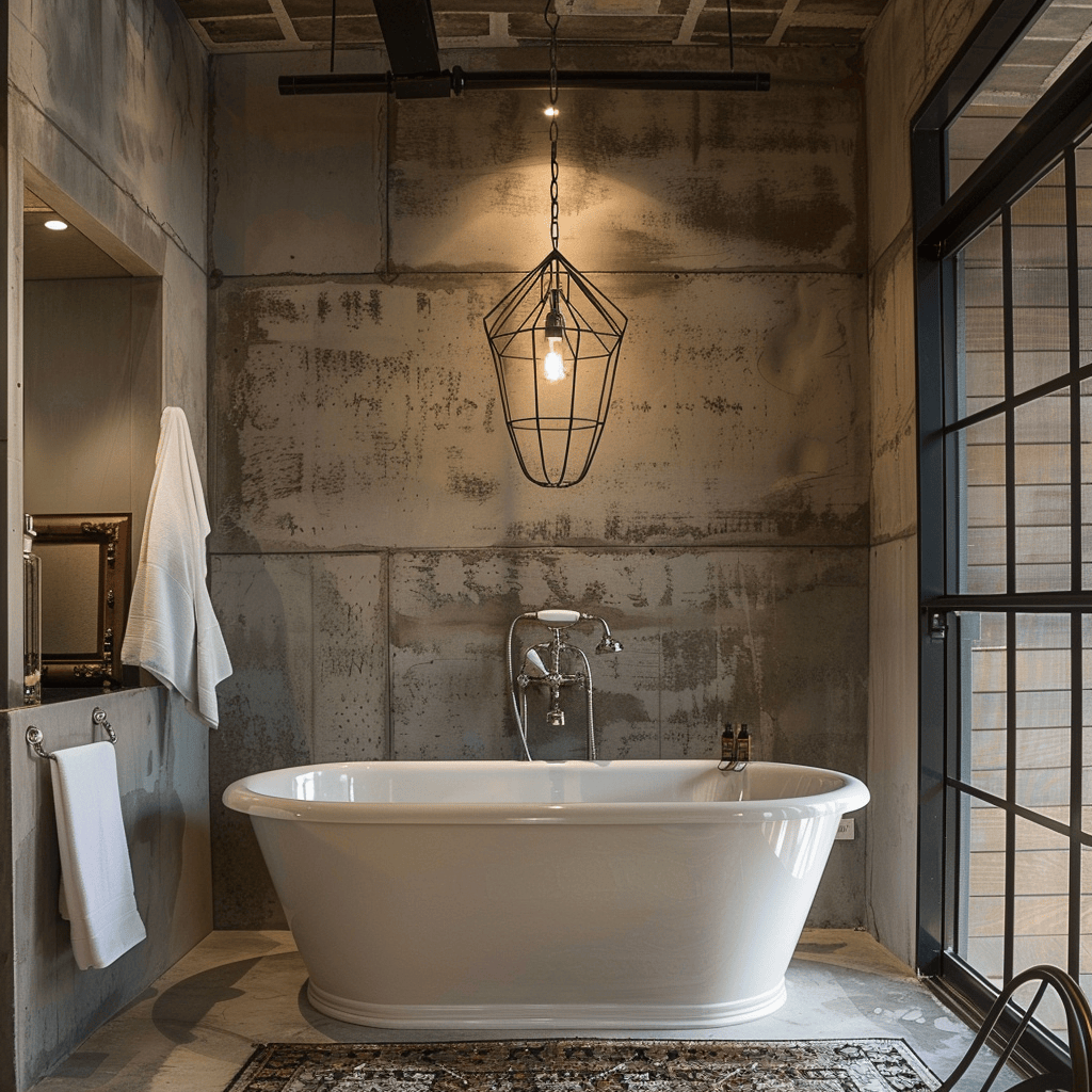 Vintage metal cage light fixture above freestanding bathtub in industrial bathroom