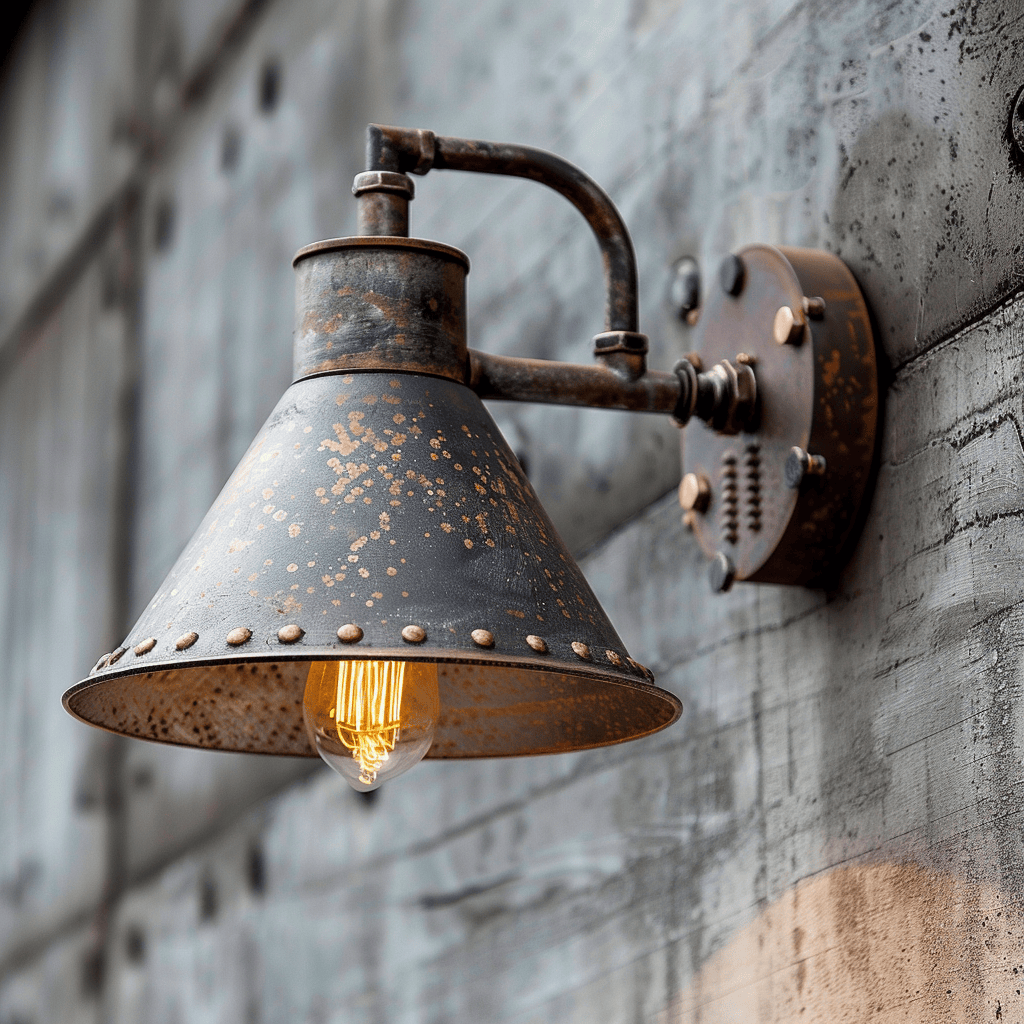 Close-up of industrial metal wall sconce on concrete wall
