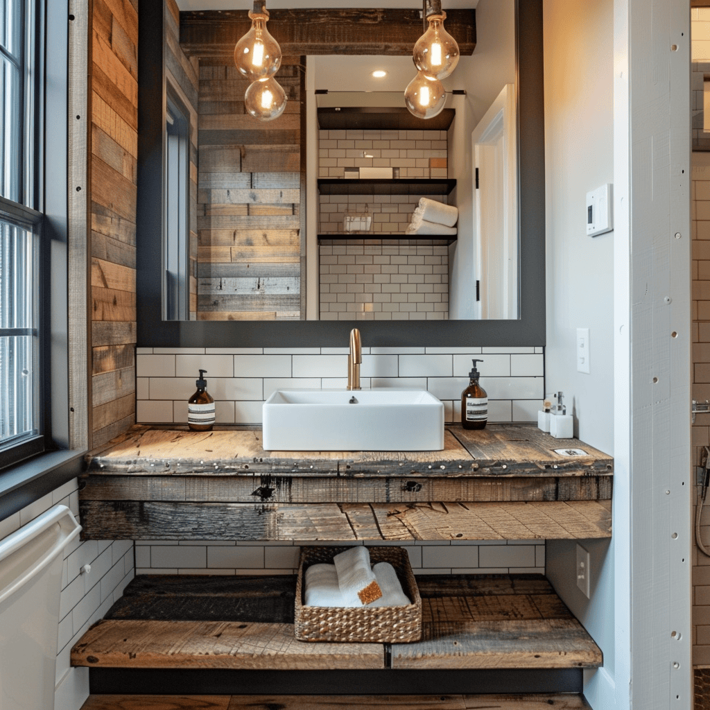 Reclaimed wood vanity and floating shelves in industrial bathroom adding warmth