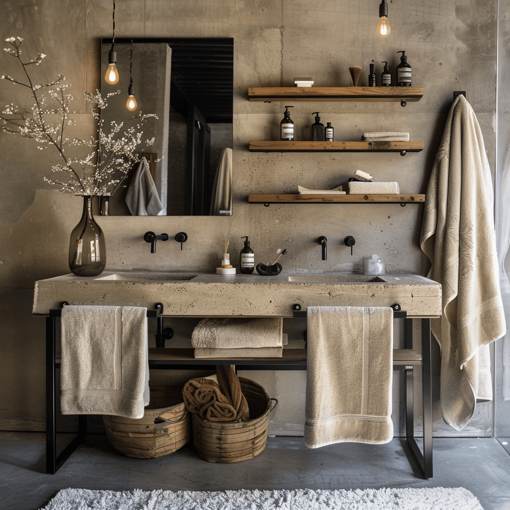 Industrial bathroom blending raw materials with plush towels and wooden vanity for warmth