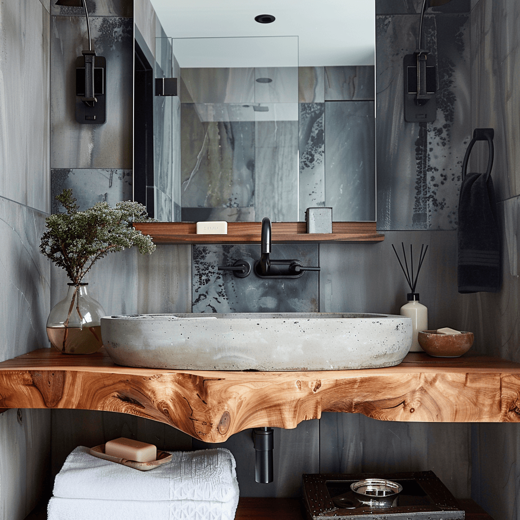 Live-edge wooden vanity topped with concrete countertop and vessel sink in industrial bathroom