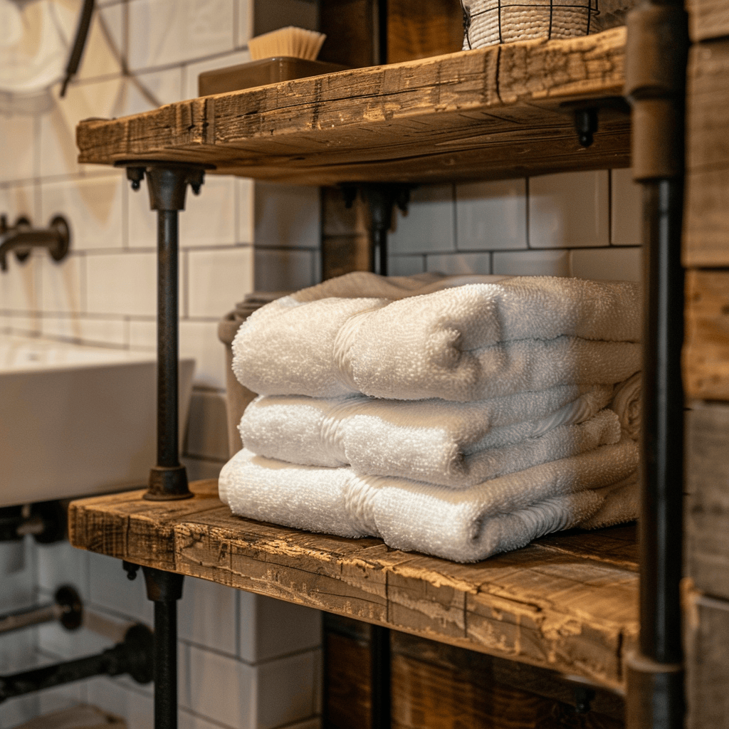 Folded towels stacked on reclaimed wood shelf in industrial bathroom