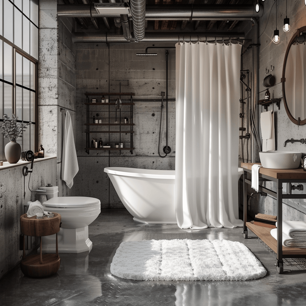 Soft bath mat and textured waffle-weave shower curtain in industrial bathroom