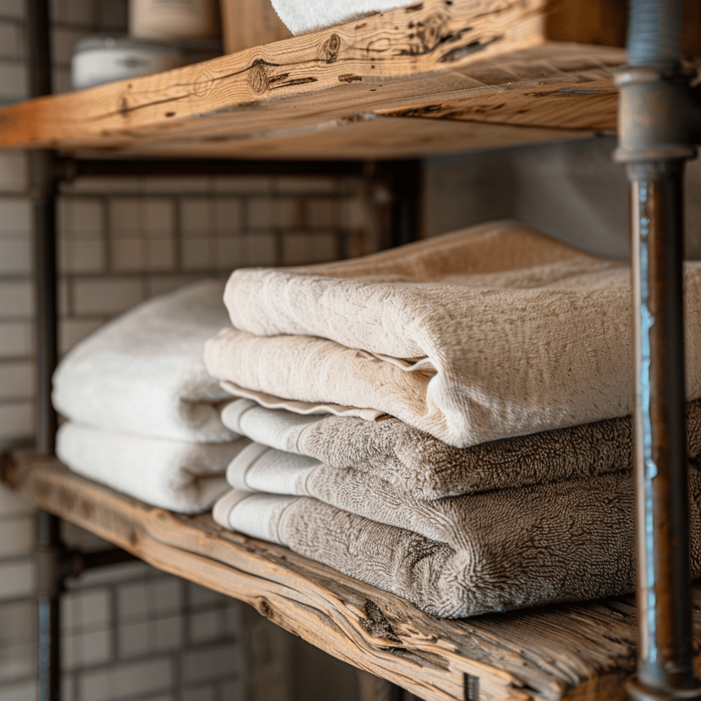 Stack of folded towels on reclaimed wood shelf in industrial bathroom