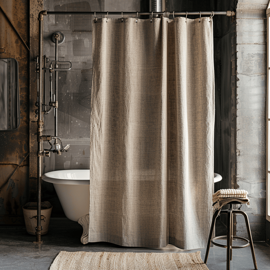 Linen shower curtain with subtle texture and metal hooks on pipe rod in industrial bathroom
