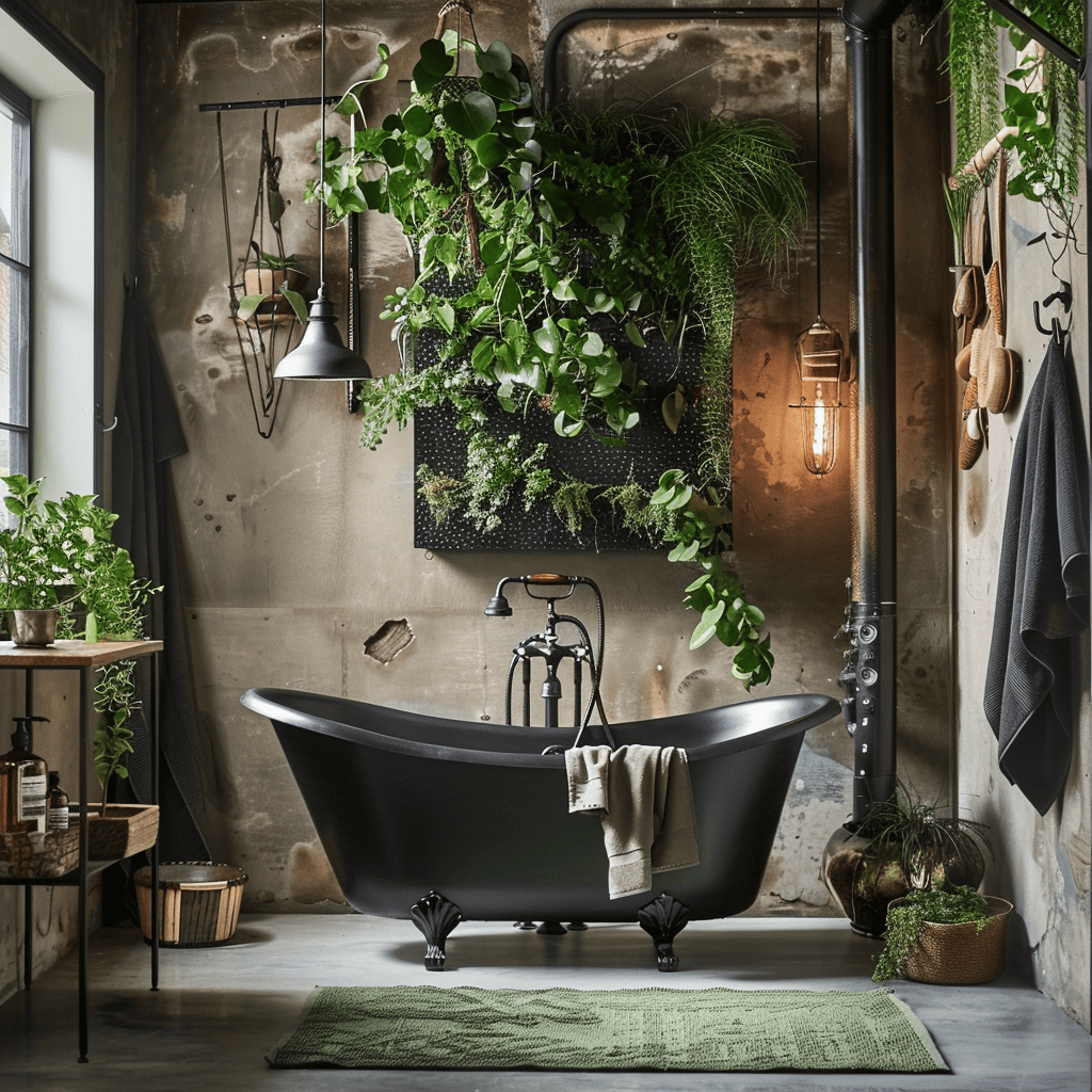 Industrial bathroom featuring potted plants and a living green wall adding color