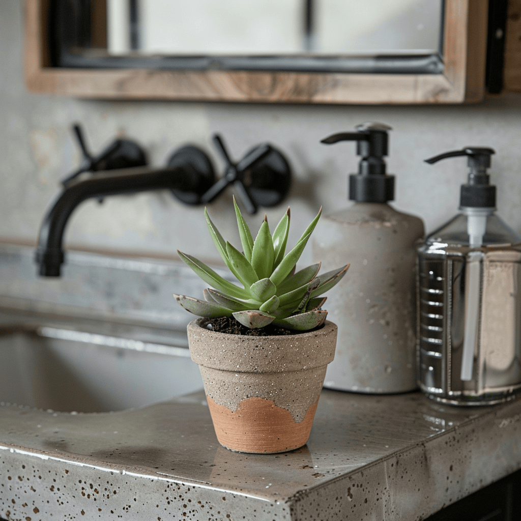 Close-up of a small potted succulent on industrial bathroom vanity next to concrete soap dispenser