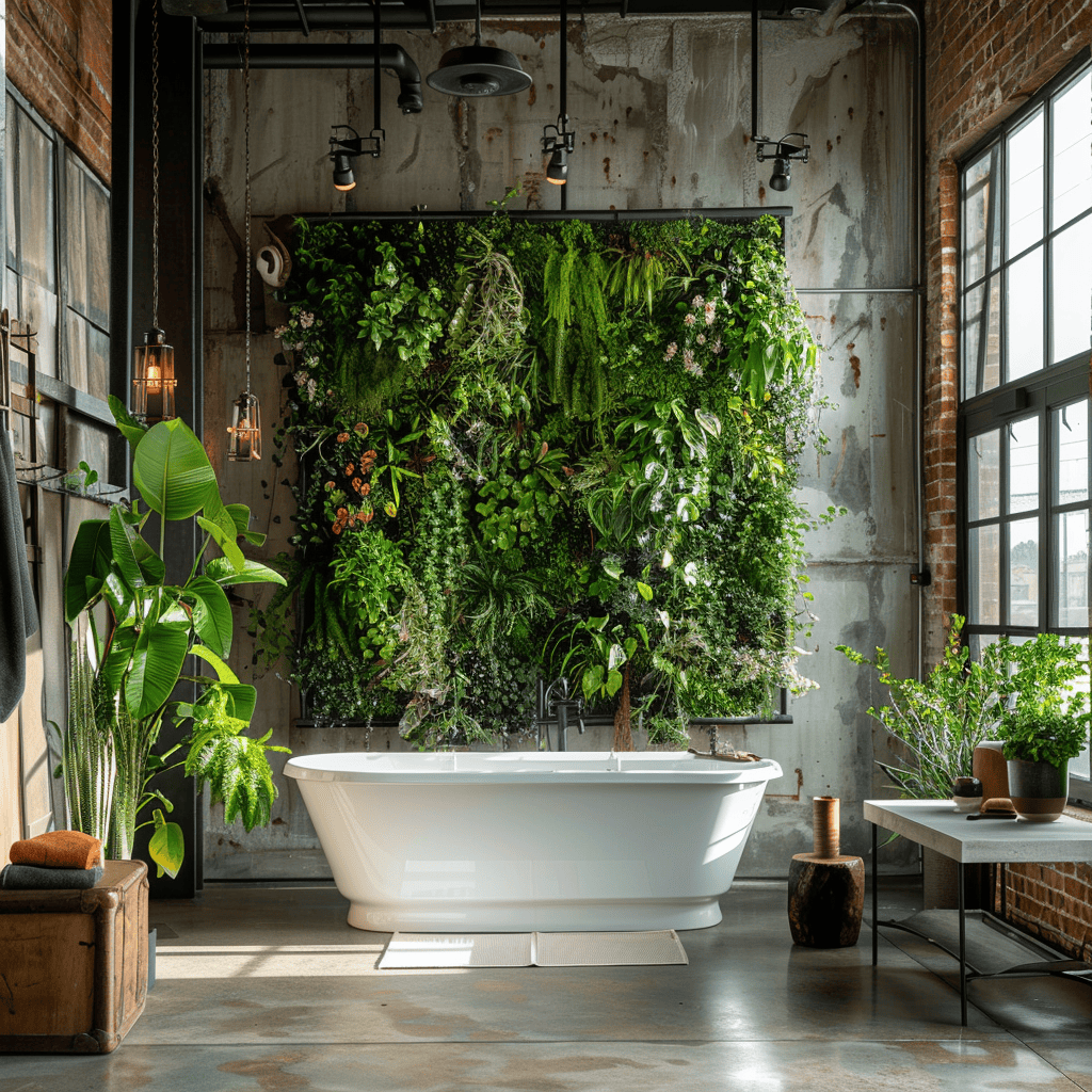Floor-to-ceiling living wall with lush green plants in industrial bathroom