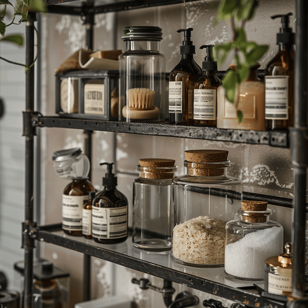 Bathroom essentials stored in apothecary jars on industrial metal shelf