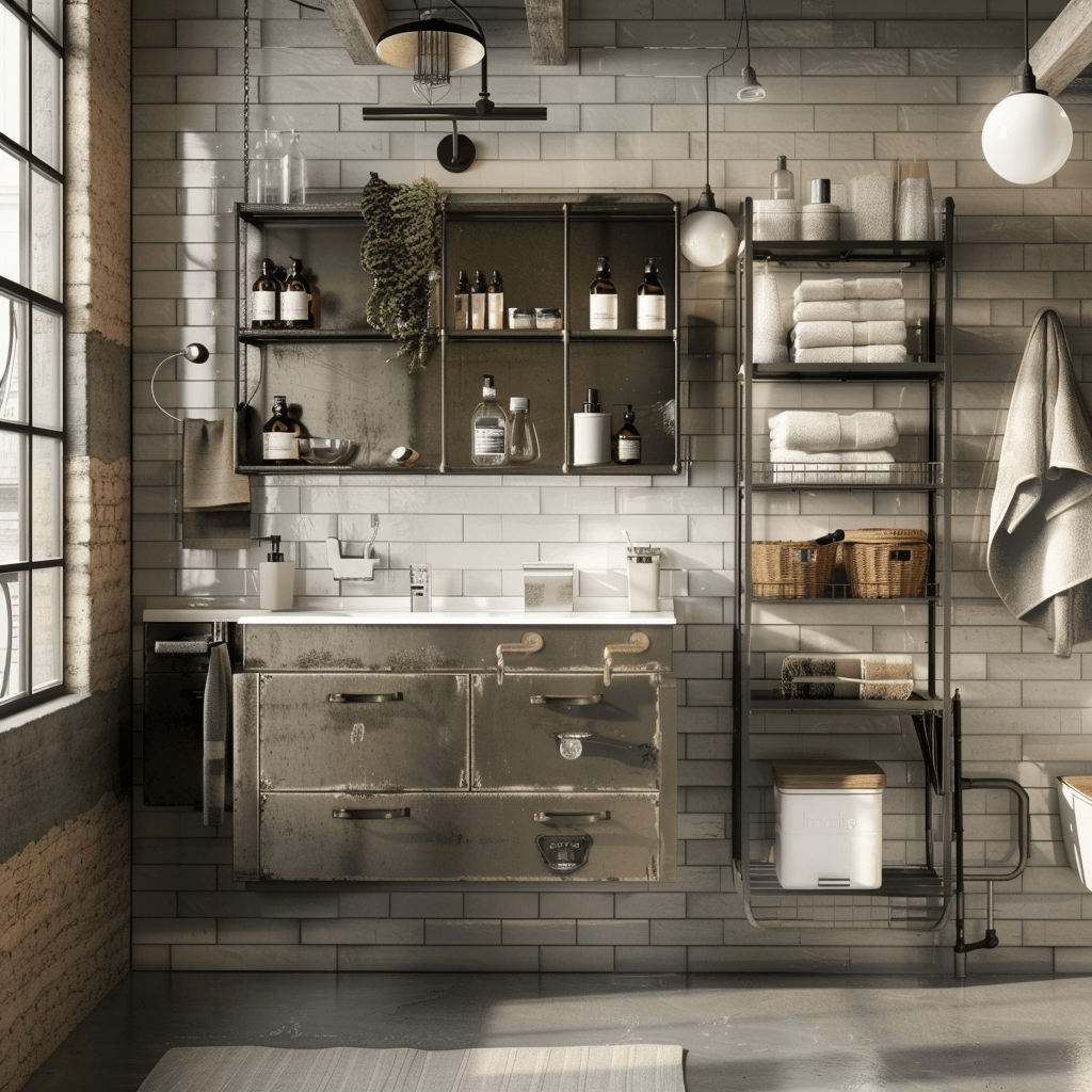 Industrial bathroom with organized open shelving and wall-mounted metal cabinet