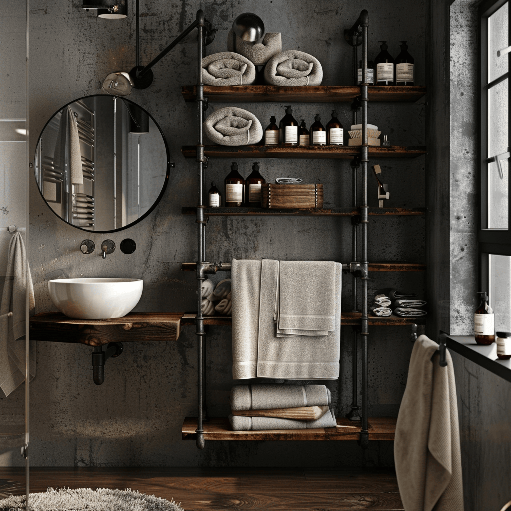 Wall-mounted pipe-framed open shelving with towels and decor in industrial bathroom