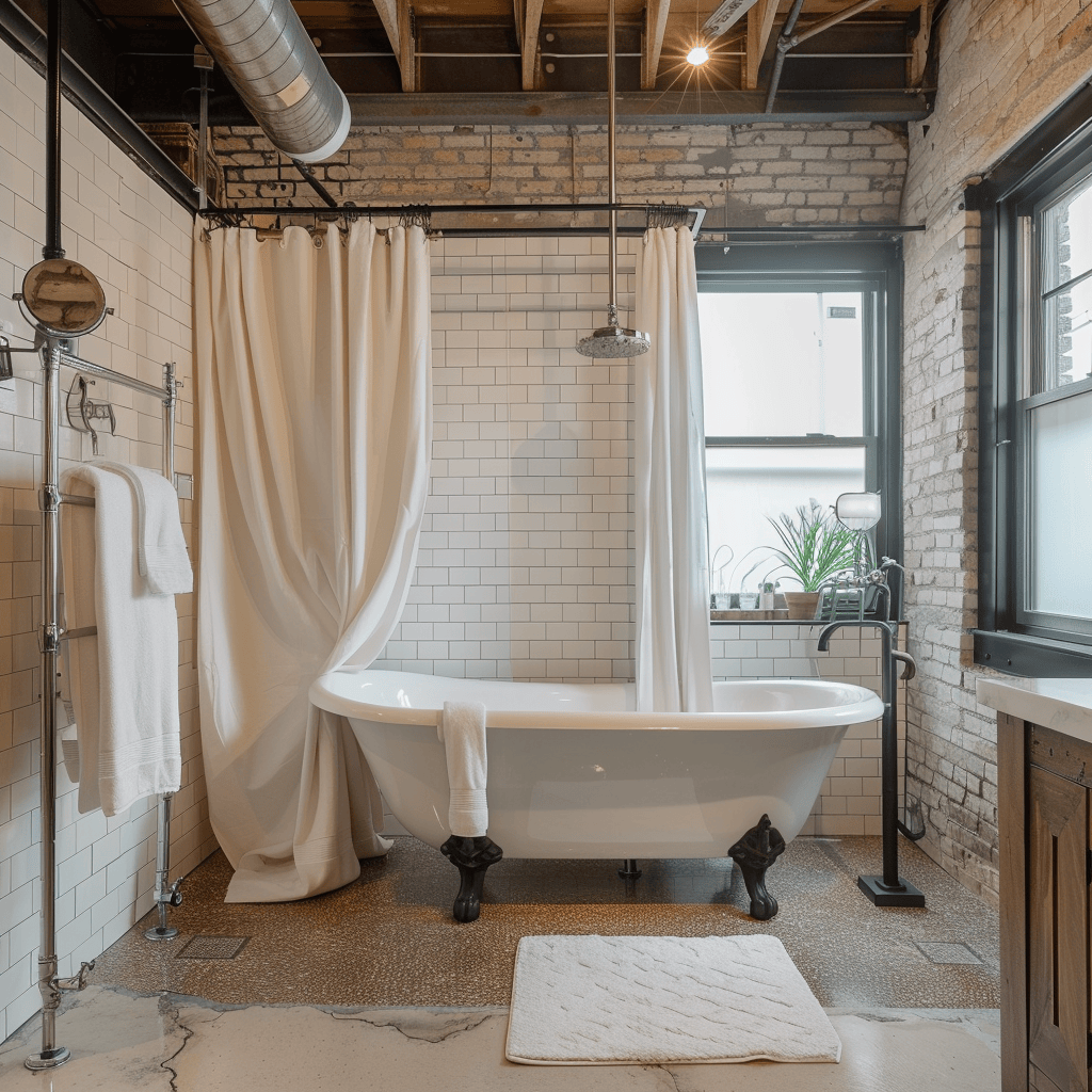 Industrial bathroom with clawfoot tub, rainfall showerhead, and heated towel rack