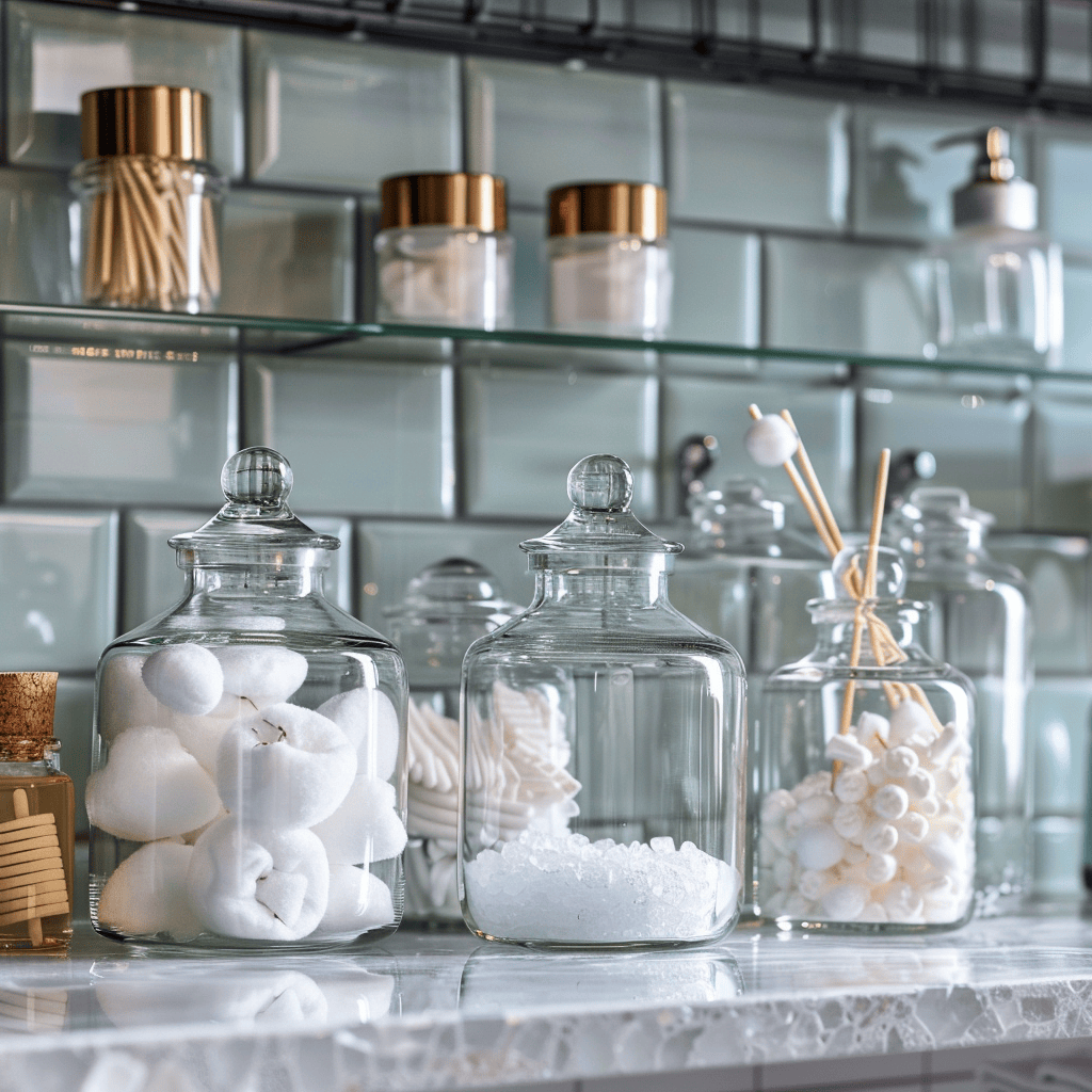 Clear glass apothecary jars filled with bathroom essentials on countertop